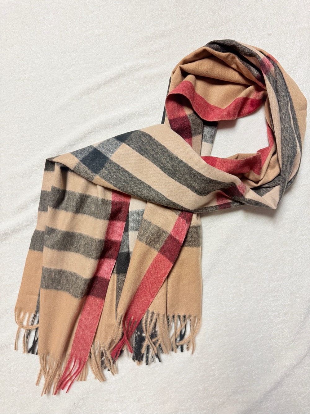 Classic Beige Plaid Fringe Scarf - Unbranded